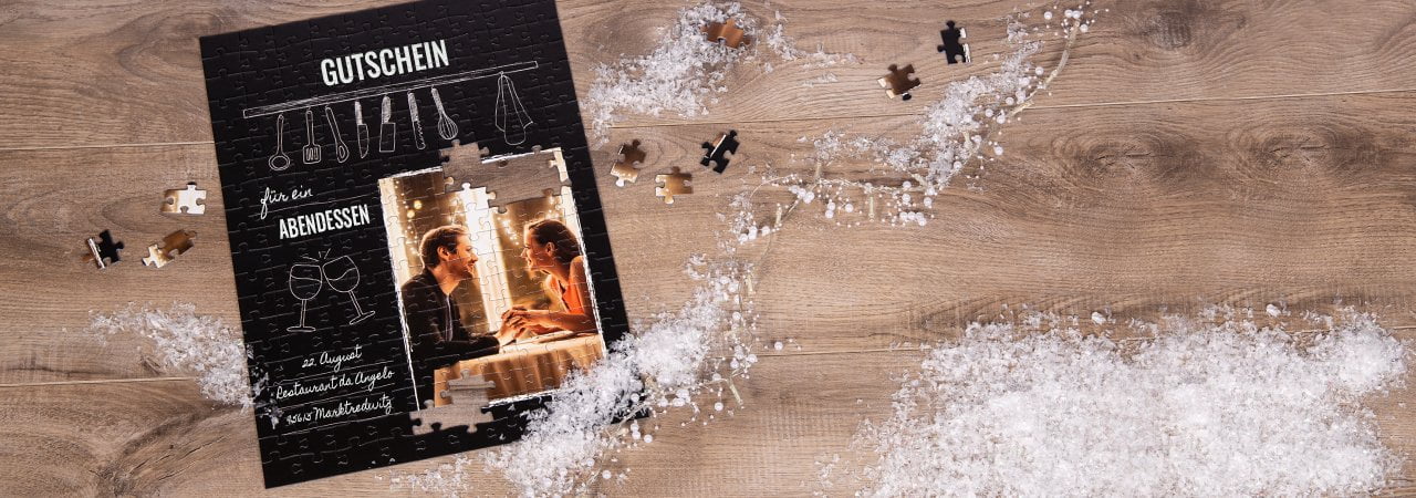 Gutschein als Puzzle zu einem Abendessen