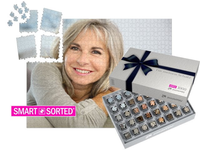 Überraschungspuzzle zum Valentinstag - Geschenkschachtel Geschenkschleife (blau)