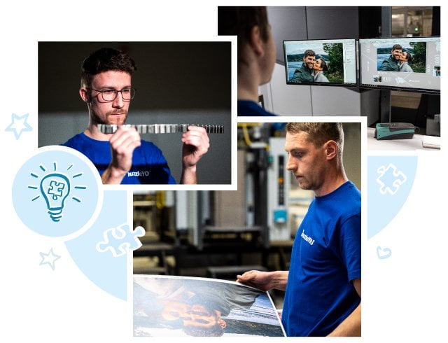 Un vrai travail d’artisan : nos collaborateurs lors de l’impression et du développement des outils de découpe des puzzles.