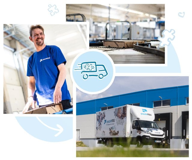 Kompetente Mitarbeiter organisieren den Versand unserer Puzzles. Wir beliefern derzeit insgesamt 23 Länder in Europa und Nordamerika. Wir haben dafür zwei Produktionsstandorte, einen in Europa und den anderen in den USA. Das puzzleYOU-Puzzle ist innerhalb