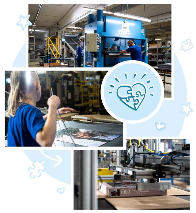 Jedes einzelne der von unseren Kunden personalisierten Puzzles und Spiele werden mit Präzisionsmessern gestanzt und in individuell gestalteten Schachteln verpackt.