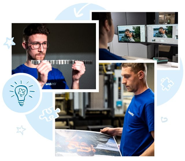 Echtes Handwerk: Unsere Mitarbeiter beim Druck und bei der Entwicklung der Puzzlestanzen.